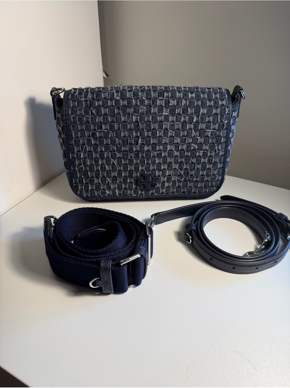 Tory Burch Thea Woven Denim Flap Crossbody Navy 2 Straps